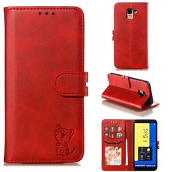 Embossing Happy Cat Leather Wallet Case for Samsung Galaxy J6 (2018) SM-J600F - Red