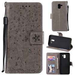 Embossing Cherry Blossom Cat Leather Wallet Case for Samsung Galaxy J6 (2018) SM-J600F - Gray