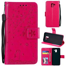 Embossing Cherry Blossom Cat Leather Wallet Case for Samsung Galaxy J6 (2018) SM-J600F - Rose