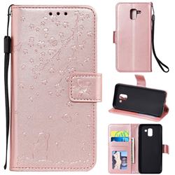 Embossing Cherry Blossom Cat Leather Wallet Case for Samsung Galaxy J6 (2018) SM-J600F - Rose Gold