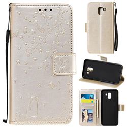 Embossing Cherry Blossom Cat Leather Wallet Case for Samsung Galaxy J6 (2018) SM-J600F - Golden