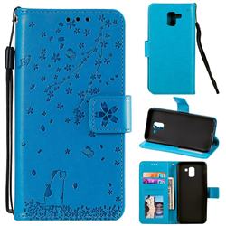 Embossing Cherry Blossom Cat Leather Wallet Case for Samsung Galaxy J6 (2018) SM-J600F - Blue