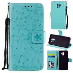 Embossing Cherry Blossom Cat Leather Wallet Case for Samsung Galaxy J6 (2018) SM-J600F - Green