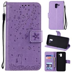 Embossing Cherry Blossom Cat Leather Wallet Case for Samsung Galaxy J6 (2018) SM-J600F - Purple