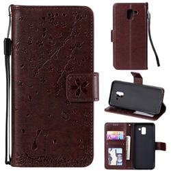 Embossing Cherry Blossom Cat Leather Wallet Case for Samsung Galaxy J6 (2018) SM-J600F - Brown