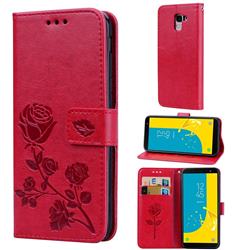 Embossing Rose Flower Leather Wallet Case for Samsung Galaxy J6 (2018) SM-J600F - Red