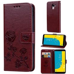 Embossing Rose Flower Leather Wallet Case for Samsung Galaxy J6 (2018) SM-J600F - Brown