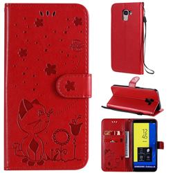 Embossing Bee and Cat Leather Wallet Case for Samsung Galaxy J6 (2018) SM-J600F - Red