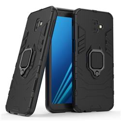 Black Panther Armor Metal Ring Grip Shockproof Dual Layer Rugged Hard Cover for Samsung Galaxy J6 Plus / J6 Prime - Black