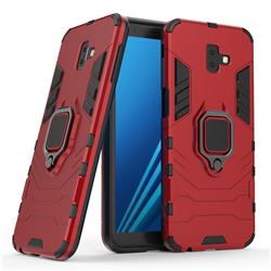 Black Panther Armor Metal Ring Grip Shockproof Dual Layer Rugged Hard Cover for Samsung Galaxy J6 Plus / J6 Prime - Red