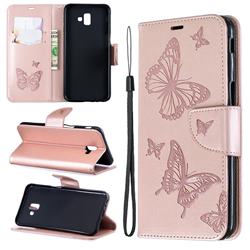 Embossing Double Butterfly Leather Wallet Case for Samsung Galaxy J6 Plus / J6 Prime - Rose Gold