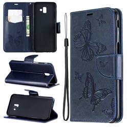 Embossing Double Butterfly Leather Wallet Case for Samsung Galaxy J6 Plus / J6 Prime - Dark Blue
