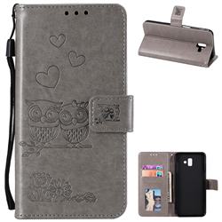 Embossing Owl Couple Flower Leather Wallet Case for Samsung Galaxy J6 Plus / J6 Prime - Gray