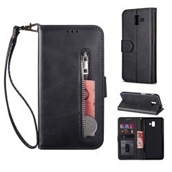 Retro Calfskin Zipper Leather Wallet Case Cover for Samsung Galaxy J6 Plus / J6 Prime - Black