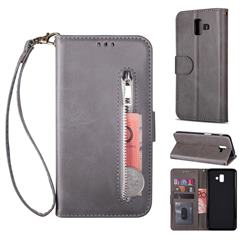 Retro Calfskin Zipper Leather Wallet Case Cover for Samsung Galaxy J6 Plus / J6 Prime - Grey