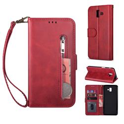 Retro Calfskin Zipper Leather Wallet Case Cover for Samsung Galaxy J6 Plus / J6 Prime - Red