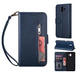 Retro Calfskin Zipper Leather Wallet Case Cover for Samsung Galaxy J6 Plus / J6 Prime - Blue