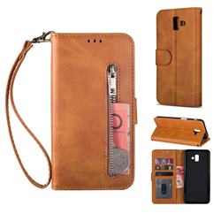 Retro Calfskin Zipper Leather Wallet Case Cover for Samsung Galaxy J6 Plus / J6 Prime - Brown