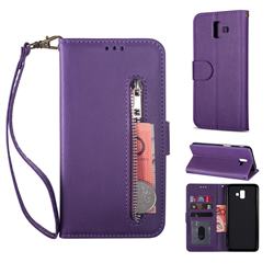 Retro Calfskin Zipper Leather Wallet Case Cover for Samsung Galaxy J6 Plus / J6 Prime - Purple