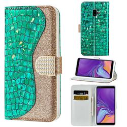 Glitter Diamond Buckle Laser Stitching Leather Wallet Phone Case for Samsung Galaxy J6 Plus / J6 Prime - Green