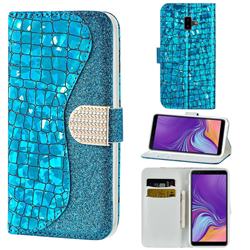 Glitter Diamond Buckle Laser Stitching Leather Wallet Phone Case for Samsung Galaxy J6 Plus / J6 Prime - Blue