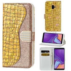 Glitter Diamond Buckle Laser Stitching Leather Wallet Phone Case for Samsung Galaxy J6 Plus / J6 Prime - Gold