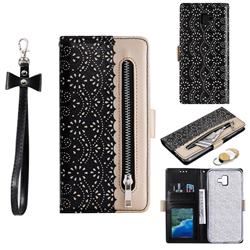 Luxury Lace Zipper Stitching Leather Phone Wallet Case for Samsung Galaxy J6 Plus / J6 Prime - Black