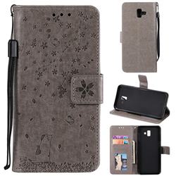 Embossing Cherry Blossom Cat Leather Wallet Case for Samsung Galaxy J6 Plus / J6 Prime - Gray