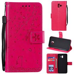 Embossing Cherry Blossom Cat Leather Wallet Case for Samsung Galaxy J6 Plus / J6 Prime - Rose
