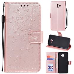 Embossing Cherry Blossom Cat Leather Wallet Case for Samsung Galaxy J6 Plus / J6 Prime - Rose Gold