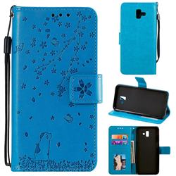 Embossing Cherry Blossom Cat Leather Wallet Case for Samsung Galaxy J6 Plus / J6 Prime - Blue