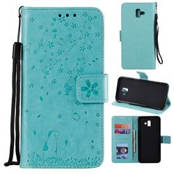 Embossing Cherry Blossom Cat Leather Wallet Case for Samsung Galaxy J6 Plus / J6 Prime - Green
