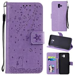 Embossing Cherry Blossom Cat Leather Wallet Case for Samsung Galaxy J6 Plus / J6 Prime - Purple