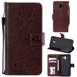 Embossing Cherry Blossom Cat Leather Wallet Case for Samsung Galaxy J6 Plus / J6 Prime - Brown