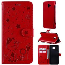 Embossing Bee and Cat Leather Wallet Case for Samsung Galaxy J6 Plus / J6 Prime - Red