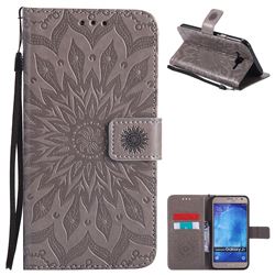 Embossing Sunflower Leather Wallet Case for Samsung Galaxy J7 2015 J700 - Gray