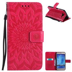 Embossing Sunflower Leather Wallet Case for Samsung Galaxy J7 2015 J700 - Red