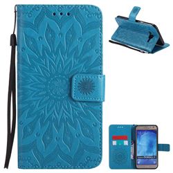 Embossing Sunflower Leather Wallet Case for Samsung Galaxy J7 2015 J700 - Blue