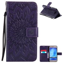 Embossing Sunflower Leather Wallet Case for Samsung Galaxy J7 2015 J700 - Purple