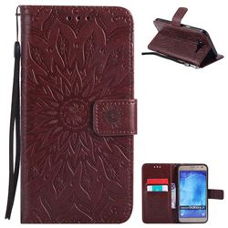 Embossing Sunflower Leather Wallet Case for Samsung Galaxy J7 2015 J700 - Brown