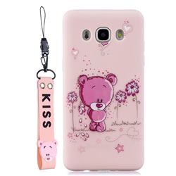 Pink Flower Bear Soft Kiss Candy Hand Strap Silicone Case for Samsung Galaxy J7 2016 J710