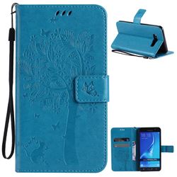 Embossing Butterfly Tree Leather Wallet Case for Samsung Galaxy J7 2016 J710 - Blue