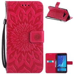 Embossing Sunflower Leather Wallet Case for Samsung Galaxy J7 2016 J710 - Red