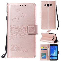 Embossing Owl Couple Flower Leather Wallet Case for Samsung Galaxy J7 2016 J710 - Rose Gold
