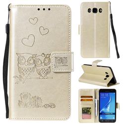 Embossing Owl Couple Flower Leather Wallet Case for Samsung Galaxy J7 2016 J710 - Golden