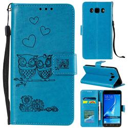 Embossing Owl Couple Flower Leather Wallet Case for Samsung Galaxy J7 2016 J710 - Blue