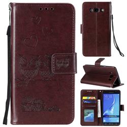 Embossing Owl Couple Flower Leather Wallet Case for Samsung Galaxy J7 2016 J710 - Brown