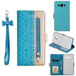 Luxury Lace Zipper Stitching Leather Phone Wallet Case for Samsung Galaxy J7 2016 J710 - Blue