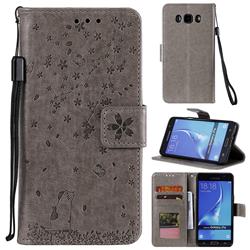 Embossing Cherry Blossom Cat Leather Wallet Case for Samsung Galaxy J7 2016 J710 - Gray