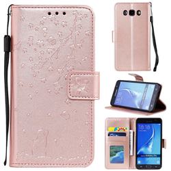 Embossing Cherry Blossom Cat Leather Wallet Case for Samsung Galaxy J7 2016 J710 - Rose Gold